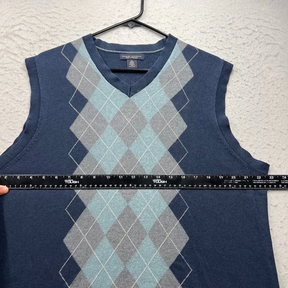 Banana Republic Mens XL Silk Cashmere Argyle V-Neck Sweater Vest Navy Blue 2521